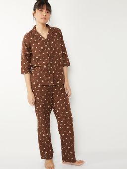 max - Women Pure Cotton Floral Printed Pyjama with Shirt Brown