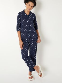 max - Women Pure Cotton Heart Printed Pyjama with Shirt Navy Blue