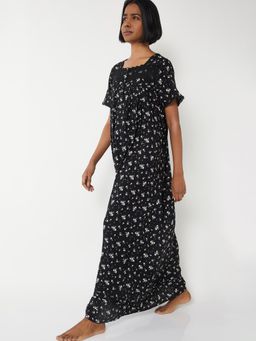 max - Women Floral Print Night Gown Black