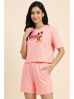 Zivame - Mickey And Friends Knit Cotton Loungewear Shorts With T-Shirt - Gossamer Pink