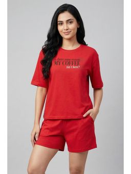 Zivame - Devil Wears Prada Knit Cotton Loungewear Shorts With T-Shirt - Flame Scarlet