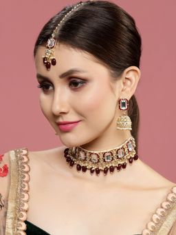 PANASH - Gold Plated Red and White Kundan and Pearls Choker Jewellery (Set of 3)