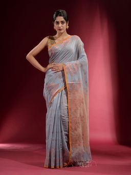 CHARUKRITI - Grey with Floral Zari and Contrast Pallu Saree with Unstitched Blouse