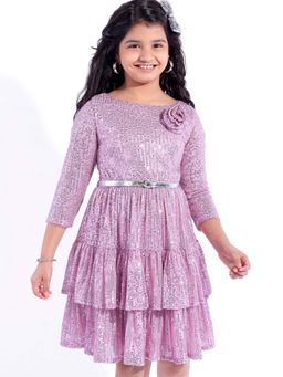 Hola Bonita - Knee Length Three Fourth Sleeves Sequinned Dress With Belt