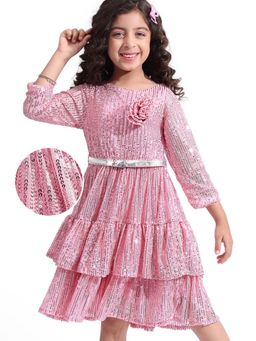 Hola Bonita - Knee Length Three Fourth Sleeves Sequinned Dress With Belt
