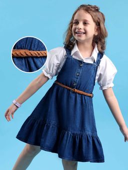 Hola Bonita - Knee Length Puff Sleeves Dress With Belt And Shirt