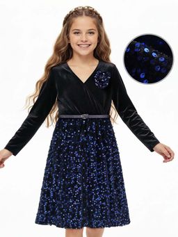 Hola Bonita - Knee Length Full Sleeves Sequinned Dress With Belt