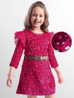 Hola Bonita - Knee Length Three Fourth Sleeves Sequinned Dress With Belt
