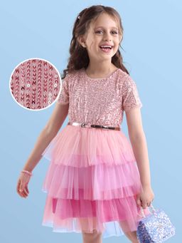 Hola Bonita - Knee Length Half Sleeves Sequinned Dress With Belt