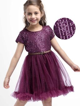 Hola Bonita - Knee Length Half Sleeves Sequinned Dress With Belt