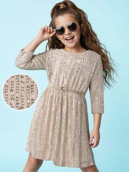 Hola Bonita - Knee Length Three Fourth Sleeves Sequinned Dress with Belt