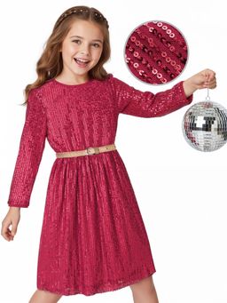 Hola Bonita - Knee Length Full Sleeves Sequinned Dress with Belt