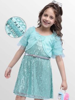Hola Bonita - Knee Length Half Sleeves Sequinned Dress with Jacket And Belt
