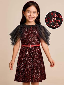 Hola Bonita - Knee Length Flared Sleeve Sequinned Dress With Belt