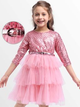 Hola Bonita - Knee Length Three Forth Sleeves Sequinned Dress With Belt