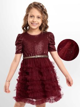 Hola Bonita - Knee Length Half Sleeves Sequinned Dress With Belt