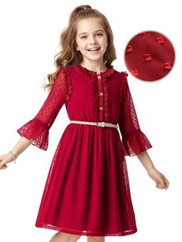 Hola Bonita - Knee Length Three Fourth Sleeve Dress With Belt