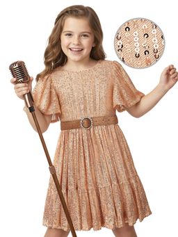 Hola Bonita - Knee Length Flared Sleeves Sequinned Dress With Belt