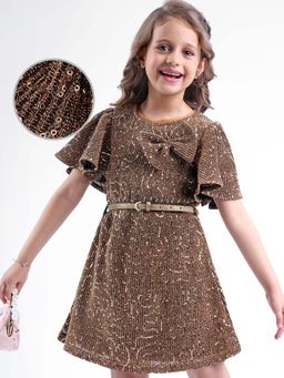 Hola Bonita - Knee Length Flared Sleeves Sequinned Dress With Belt