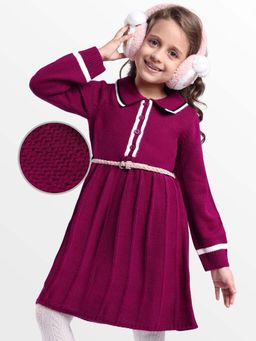 Hola Bonita - Knee Length Full Sleeves Textured Dress With Belt