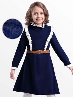 Hola Bonita - Knee Length Full Sleeves Textured Dress With Belt