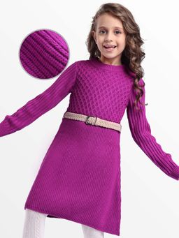 Hola Bonita - Knee Length Full Sleeves Textured Dress With Belt