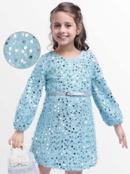 Hola Bonita - Knee Length Full Sleeves Sequinned Dress With Belt