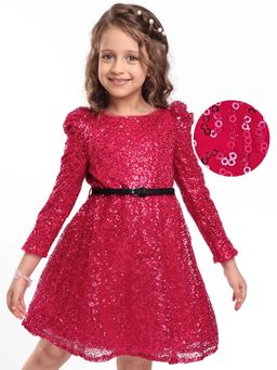 Hola Bonita - Knee Length Three Fourth Sleeves Sequinned Dress With Belt