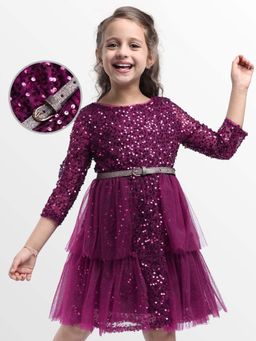 Hola Bonita - Knee Length Three Forth Sleeves Sequinned Dress With Belt