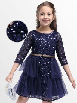Hola Bonita - Knee Length Three Forth Sleeves Sequinned Dress With Belt