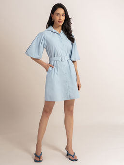 Twenty Dresses by Nykaa Fashion - Blue Solid Collared Mini Dress