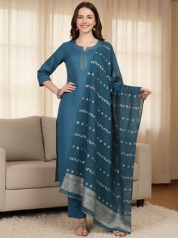 Varanga - Teal Cotton Blend Three Fourth Sleeves Kurta With Pant & Dupatta