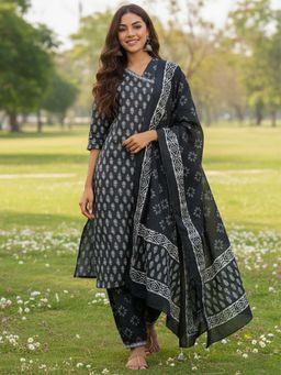 Varanga - Black Cotton Blend Three Fourth Sleeves Angrakha Kurta With Salwar & Dupatta
