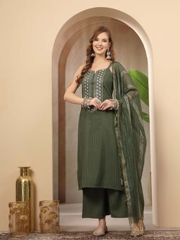 Stylum - Olive Cotton Blend Sleeveless Kurta With Palazzo & Dupatta