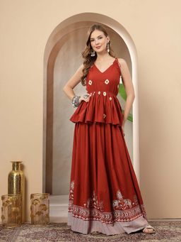 Stylum - Rust Rayon Sleeveless Top With Skirt