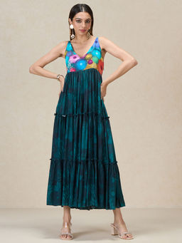 Navyasa By Liva - Green Crepe Floral Printed Maxi Dress