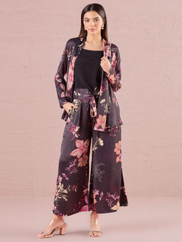 Navyasa By Liva - Black Crepe Floral Printed Top with Jacket and Palazzo with Belt (Set of 3)