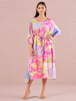 Navyasa By Liva - Pink Modal Digital Floral Printed Kaftan Dress with Belt