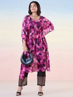 Navyasa By Liva - Pink Chiffon Digital Floral Printed Kaftan Top