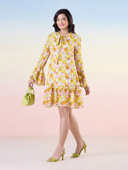 Navyasa By Liva - Yellow Georgette Digital Floral Printed Knee Length Dress