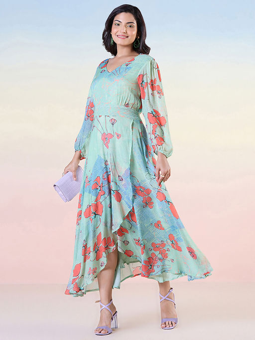 Buy Navyasa By Liva Blue Chiffon Floral Printed Maxi Dress Online