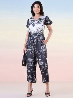 Navyasa By Liva - Black Satin Digital Floral Printed Jumpsuit with Belt