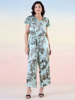 Navyasa By Liva - Blue Satin Digital Floral Printed Jumpsuit with Belt
