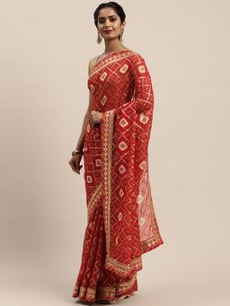 Vastranand - Maroon Poly Georgette Printed Bandhani Saree with Unstitched Blouse