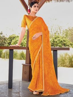 Odette - Womens Georgette Mustard Printed Saree with Unstitched Blouse