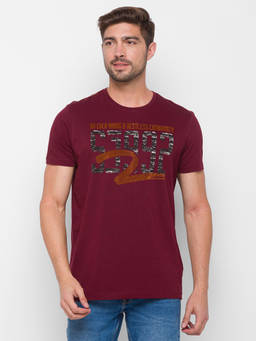 Spykar - Wine Cotton Slim Fit T-Shirt for Men
