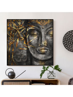 HomeTown - Simon Serene Buddha Face Glossy Mdf Print Painting, Black And Gold 80X80Cm