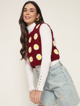 SUGERCANDY - Maroon Daisy Handmade Vest Sweater