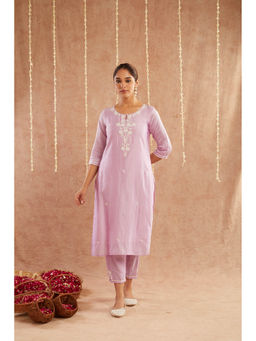 Zuri - Purple Embroidered Chanderi Kurta with Embroidered Pant - Set of 2