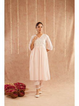 Zuri - Pink Multicolor Embroidered Cotton Kurta With Lace Pants- Set of 2